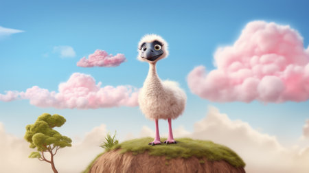 a small cartoon bird perched on a snowy and cloudy mountain, resembling a realistic rendering of the human form. this disney animation-inspired bird is made of light pink and white feathers, reminiscent of the works of artists like bill gekas and dino valls. immerse yourself in this whimsical scene. ai generatedの素材