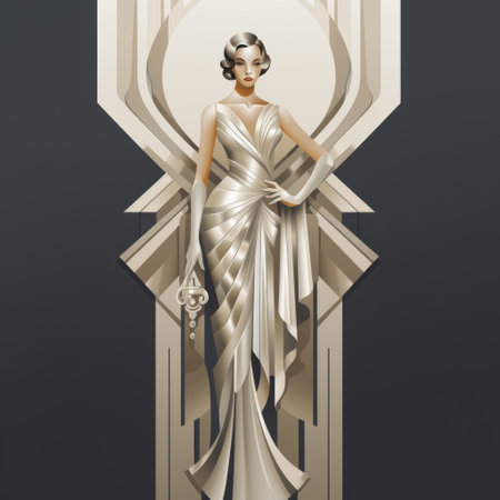 art deco girl in a white dress with blue hair and jewelry by artefact. the artwork showcases a dark silver and light beige color palette, with strong graphic elements such as columns and totems. the use of dark gold and light beige creates a striking contrast. volumetric lighting adds depth to the image, while the girl's elegant clothing and relief details enhance the overall aesthetic.の素材