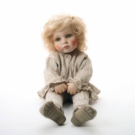 a lifelike rendering of a baby doll sitting on the floor, exuding emotional sensitivity. the doll showcases baroque-esque ornateness with its light brown and silver color scheme. its playful expressions and porcelain material add to its charm. this high-resolution image captures the intricate details of the doll's design. ai generatedの素材