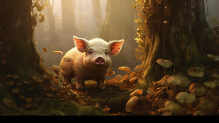 a pig in the forest wallpaper for your desktop, inspired by the artistic style of mike campau. the image features a combination of light magenta and dark amber tones, reminiscent of the works of charles spencelayh. with a resolution of 32k uhd, this wallpaper showcases the concept art of caras ionut, beautifully captured using a soft-focus technique. ai generatedの素材