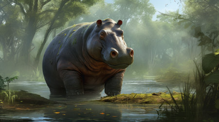 a green, tree-lined scene featuring a realistic and hyper-detailed rendering of a hippo. the character design is intricate, with hyper-realistic water surrounding the imaginative creature. this stunning artwork, created by magali villeneuve and rendered in maya, showcases the talent of stuart immonen. ai generatedの素材