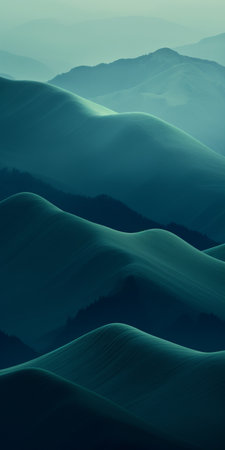 a stunning landscape wallpaper for android, iphone, and ipad featuring smooth and curved lines in the style of light navy and dark green. this wallpaper showcases mountainous vistas with focus stacking and impressionistic layers, capturing the beauty of snow scenes. enjoy the breathtaking 8k resolution on your device. ai generatedの素材
