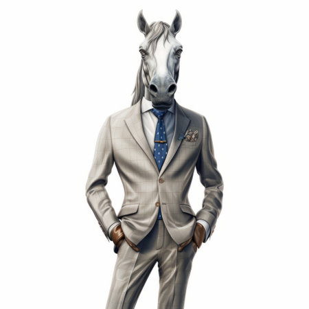 a white horse, dressed in a suit, stands on a white floor in the style of tiago hoisel. this stylized portraiture showcases dark beige and silver tones, with hyper-realistic animal illustrations. the grid-based composition and digitally enhanced details highlight the stylish costume design. ai generatedの素材