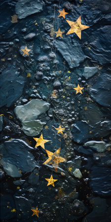 golden stars float in the waters beside a rock, creating a captivating street art abstract. this texture-rich composition features dark silver and dark azure tones, reminiscent of oil portraitures. the close-up shot highlights the nature-inspired installation, showcasing the beauty of slovenian paintings. ai generatedの素材