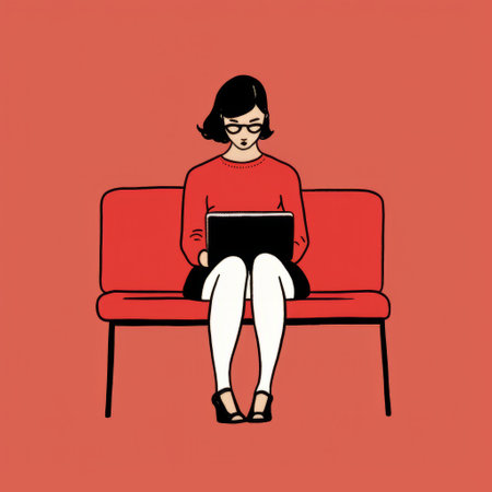 a woman is seen sitting on a red couch, engrossed in her work on a laptop. the image showcases a blend of graphic minimalism and optical illusionism, with a touch of historical illustrations. it also incorporates elements of hallyu, working class subjects, genderless representation, and reductionist form. ai generatedの素材