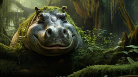 a wild hippo captured in the depths of dark green forests and jungle, showcasing its lively facial expressions. this evocative environmental portrait, rendered in the style of cinema4d and unreal engine, combines photo-realistic techniques to create a stunning image reminiscent of national geographic photography. ai generatedの素材
