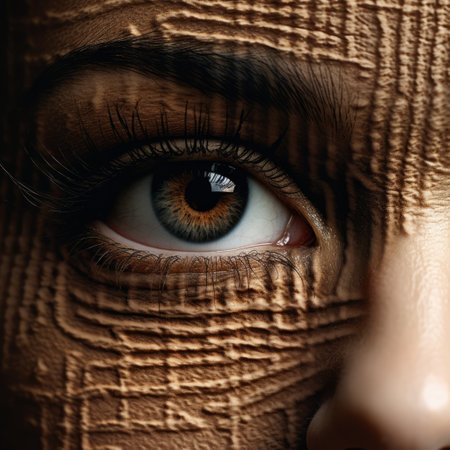 a close-up photograph captures the intense emotional expression in a woman's eye, adorned with old-looking paint. this unique artwork, reminiscent of mesopotamian art, combines elements of daz3d, wood sculpture, and aggressive digital illustration. the brown hues add depth to the image, creating a captivating national geographic-worthy photo. ai generatedの素材