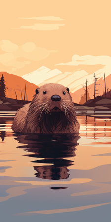 a beaver swimming in the water, captured in a psychedelic illustration style reminiscent of sparth. the artwork features naturalistic landscape backgrounds inspired by emily carr, complemented by realistic animal portraits like those seen in casey weldon's work. the warm color palette adds depth and vibrancy to the scene. ai generatedの素材