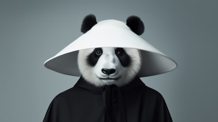 a lady wearing a panda hat is captured in this photograph, showcasing elements inspired by the artistic styles of sacha goldberger, david yarrow, and eiko ojala. the image combines influences from neo-geo minimalism, hyper-realistic animal illustrations, religious subjects, and darksynth. ai generatedの素材