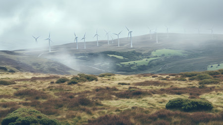 a field with multiple wind turbines, resembling layered and atmospheric landscapes. the photo captures the atmospheric woodland imagery and mountainous vistas, shot on 70mm film. the sustainable architecture of the wind turbines blends seamlessly with the layered imagery, creating a hazy and captivating scene. ai generatedの素材