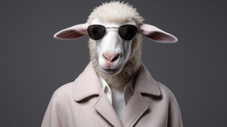 a sheep wearing sunglasses and a coat walks confidently on a grey background. this digitally manipulated image combines elements of celebrity and pop culture references, reminiscent of the post-70s ego generation. the sheep's elegant clothing and normcore style add to its handsome appearance. this unique photo can be found on flickr. ai generatedの素材