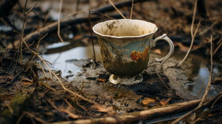 a mug rests on a bed of mud amidst the enchanting forest, exuding an aura of decadent decay. this captivating image captures the essence of romantic depictions of historical events, with a still life focus. the creative commons attribution allows for its versatile usage. the dark reflections and uhd quality enhance the allure, reminiscent of rococo still-lifes. ai generatedの素材