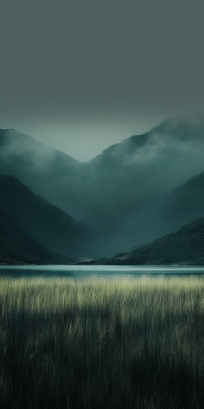 a photo of beautiful scottish landscapes featuring green hills, green pastures, and loch arn. the image captures the gauzy atmospheric style of michal karcz, with a color palette of dark teal and dark turquoise reminiscent of australian tonalism. shot with a sigma 105mm f/1.4 dg hsm art lens, the photo showcases the natural beauty of scotland, reminiscent of the artistry of joong keun lee andの素材
