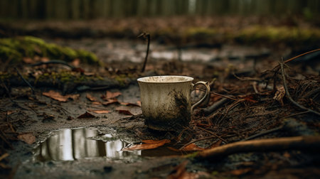 a cup lies upside down in the muddy water, captured in the style of atmospheric woodland imagery. this photograph, taken with the carl zeiss distagon t 15mm f/2.8 ze lens, draws inspiration from the works of salomon van ruysdael and serge marshennikov. it showcases a found-object-centric approach, evoking nostalgic natures through its atmospheric shots. ai generatedの素材