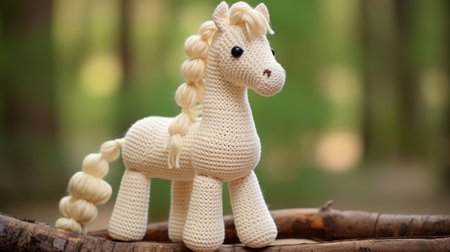 the crochet horse, with toy-like proportions, is sitting gracefully on top of a branch. its light beige color and soft-focus technique give it a sleek and stylized appearance. the whirly ivory details add a touch of elegance to this meticulously crafted creation. ai generatedの素材