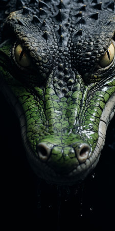 an alligator's face emerges from the darkness, its eyes gleaming with intensity. water droplets glisten on its scaly skin, adding a touch of intrigue. this close-up shot showcases the meticulous hard surface modeling and hand-painted details, reminiscent of the artistic styles of jacopo bassano and sacha goldberger. the color palette of green and black enhances the alligator's menacing presence. ue5 technology brings this captivating imageの素材
