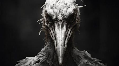 a white bird soars through a dark expanse, reminiscent of filthy sculptures and necronomicon illustrations. this avian-themed creature, with detailed facial features, captures attention against the black backdrop. the close-up shot showcases the grotesque character, evoking an eerie and surreal atmosphere. unreal engine 5 brings this unique vision to life. ai generatedの素材