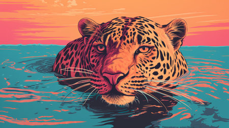 leopard in water with sunset background - pop-art inspired graphic design. this vibrant artwork, reminiscent of shepard fairey's style, features a leopard gracefully immersed in water, set against a stunning sunset. the light crimson and cyan hues create a visually striking contrast, while the realistic perspective and hyper-detailed elements add depth to this captivating poster art. perfect for fans of scientific illustrations and pop-art enthusiasts.の素材