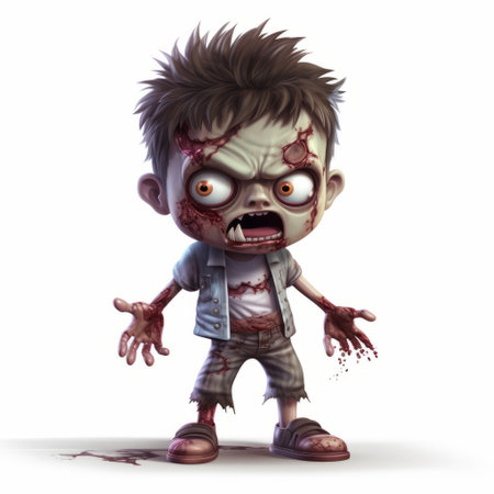 a little zombie with a sickly look, depicted in a style of cartoon realism, is featured in this hyper-detailed and realistic rendering. this 2d game art captures the essence of the character, with its associated press photo quality. the xbox 360 graphics enhance the dark white and light maroon tones, creating a visually captivating image. ai generatedの素材