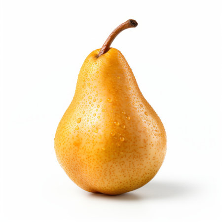 a pear with water droplets on it, showcasing clean and streamlined aesthetics. the full-bodied fruit is enhanced through post-processing techniques, resulting in explosive pigmentation and subtle tonal values. the simplified composition highlights the vibrant yellow and bronze hues of the pear, creating a visually captivating image. ai generatedの素材