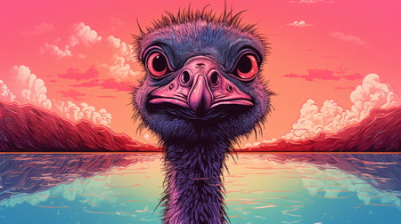 an animal gazes out at the water in this vibrant painting, featuring iconic pop culture caricatures and high detailed desertpunk elements. the naturalistic bird portraits add a touch of realism to the outrun-inspired scene, while the caricature faces bring a playful twist. ai generatedの素材