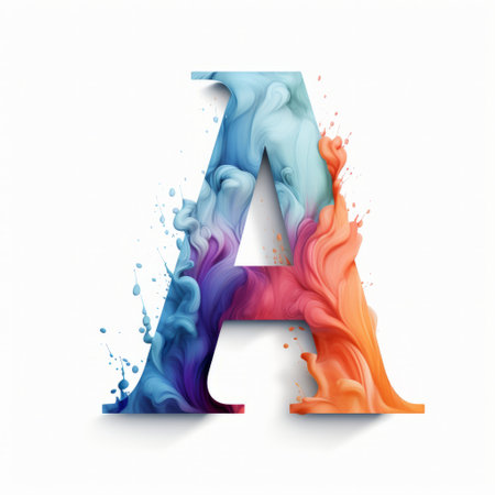colorful paint splashes form the letters "a" in this vibrant image. the soft edges and atmospheric effects give it a hyper-realistic appearance, resembling flowing water. the innovative page design showcases fluid formations and a realistic color palette, with a combination of light indigo and orange tones. ai generatedの素材