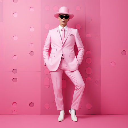 a person is seen in this photo wearing a pink suit and sunglasses. the image features a matte background and a monochromatic composition. the style of the photo is influenced by chinapunk, with dotted elements and a gender-bending aesthetic. the lighting is high-key, adding to the overall impact of the image. ai generatedの素材