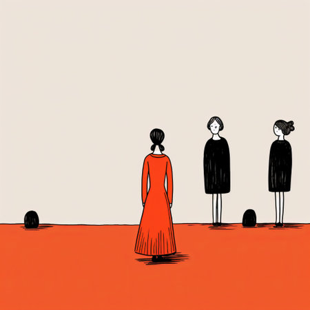 three women in black silhouettes stand out in this cartoon, created in a style reminiscent of red and orange hues. the artwork showcases conceptual minimalism, carpetpunk elements, and forced perspective drawings. with a touch of humanistic empathy, this editorial illustration draws inspiration from japanese minimalism, resulting in a visually captivating composition. ai generatedの素材