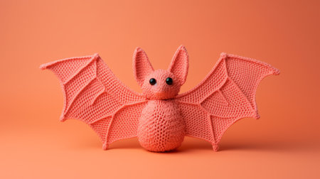 crocheted bat toy on orange background, rendered in cinema4d. pink, surrealistic elements, animal figurines, modular patterns, photorealistic pastiche, soft color variations. ai generatedの素材