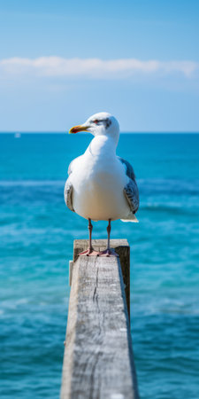 a gull perches on a small wooden post in the ocean, captured in a soft-focus, turquoise and white style. this bold and symmetrical photo, reminiscent of colorism, portrays the heatwave atmosphere. an associated press photo that beautifully captures the essence of the moment. ai generatedの素材