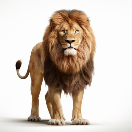 a lion, rendered in a photorealistic style by mark arian, stands upright against a white background. this high-definition image showcases the photorealistic accuracy and attention to detail in arian's rendering, reminiscent of xbox 360 graphics. ai generatedの素材