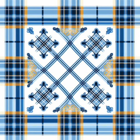 traditional russian flint pattern on a blue background with yellow and blue motifs. luxurious drapery style, graph paper grids, bold patterned quilts, and transparent layers. white background enhances the unique framing and composition inspired by bernardo strozzi. ai generatedの素材