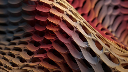 a close-up photo showcasing a computer-generated abstract scene featuring intertwining materials and layered organic forms. the vibrant colors of light crimson and yellow create a visually striking composition. the image exhibits photorealistic detail, highlighting the intricate and colorful biomorphic forms. this pigeoncore-inspired artwork is achieved through focus stacking techniques, resulting in a captivating and visually appealing image. ai generatedの素材