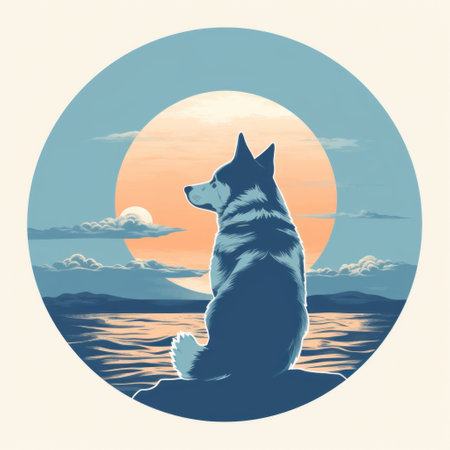 a dog wearing glasses stands on a beach, gazing at the sea. the image is reminiscent of vintage graphic design and japanese-style landscapes. the color palette features dark teal and light silver, creating a serene atmosphere. the horizon adds depth to the 2d game art-inspired illustration, while hints of light orange and light indigo add a touch of warmth. ai generatedの素材