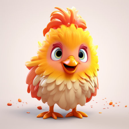 a small yellow bird with big yellow feathers, in the style of zbrush, showcases playful character designs inspired by victor nizovtsev. this cute and cartoonish creation features toy-like proportions, rendered with vray tracing. the bird's light pink and orange color palette adds to its adorable appeal. ai generatedの素材