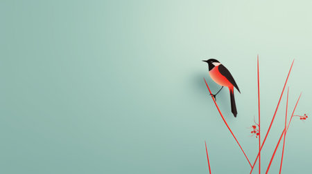 a black bird stands out against a light green background in this colorful minimalist photo. the photorealistic rendering showcases the bird's details in shades of light red and red. the image, found on flickr, embodies the minimalist spare simplicity with its dark cyan and orange accents. perfect as a wallpaper. ai generatedの素材