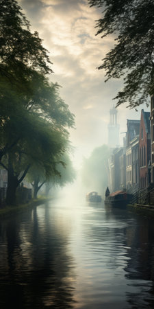 a white mist rises from the sky, creating a mesmerizing and ethereal ambiance. in the distance, an amber light emerges, reminiscent of the enchanting scenes found in dutch golden age paintings. this fantastical street scene captures the essence of romantic riverscapes, evoking a sense of wonder and awe. with its photorealistic rendering, this national geographic-worthy photo transports viewers into a world inspired by the worksの素材