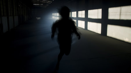 a photo capturing the essence of speed and motion, featuring a dark figure in silhouette illuminated by a downward shining light. the image also showcases an upward shining light, reminiscent of traincore aesthetics. with influences from artists like roni horn and a touch of horror-inspired elements, the photo is sharply focused and creates a mist-like effect. ai generatedの素材