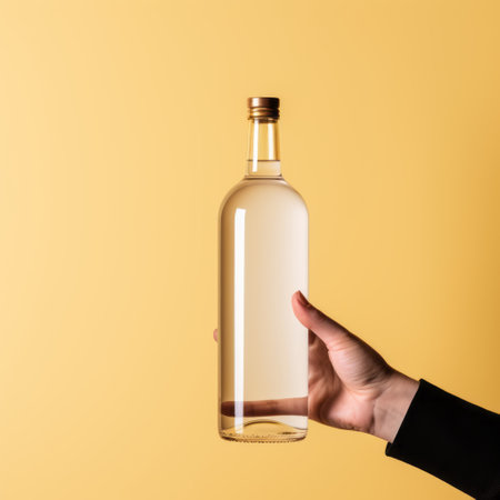 a hand holds a bottle of water on a vibrant yellow background, reminiscent of absinthe culture. the image features minimal retouching, with a color palette of dark white, light pink, light gold, and amber. the post-processing adds depth and reveals hidden details. the composition is solid and structured, capturing the essence of the subject. ai generatedの素材