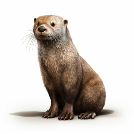 a bear otter is depicted in a realistic rendering, showcasing detailed character illustrations and photo-realistic techniques. the artwork features a light gold and magenta color palette, with a white background that enhances the scientific illustration style. the bear otter is captured in a pose, reminiscent of dutch marine scenes. ai generatedの素材