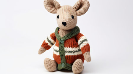 a knitted mouse, adorned in a striped sweater shirt, showcases a unique blend of light orange and dark green colors. the highly detailed figure features native australian motifs, adding a touch of cultural significance. softbox lighting enhances the intricate craftsmanship, while the combination of fawncore, dark crimson, and light beige hues adds depth and warmth to the overall design. ai generatedの素材