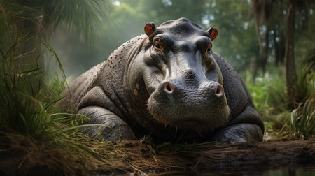 hippopotamus: a stunning photograph of a majestic and powerful creature, showcasing the intricate details of its features. this national geographic photo captures the essence of the hippopotamus with precision and artistry. the high-quality image, created using unreal engine 5, beautifully portrays the unique beauty of this animal, reminiscent of the art of the ivory coast. ai generatedの素材