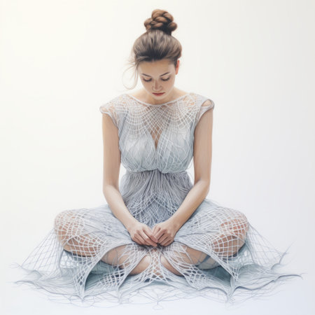 the model showcases a stunning gray dress while gracefully raising her hands, embodying the essence of net art. the image exudes a blend of soft realism and intricate geometric elements, with highly detailed realism evident in the light white and light azure color palette. the composition also features life-like avian illustrations, beautifully rendered with detailed penciling. ai generatedの素材