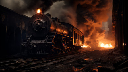 a train, reminiscent of epic fantasy scenes, sits on the tracks. the image captures a burned and charred aesthetic, evoking the atmosphere of historical fiction. the dramatic lighting adds depth and intensity to the composition. shot with a canon eos 5d mark iv, this uhd image showcases a smokey background, enhancing the overall ambiance. ai generatedの素材
