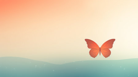 a small orange butterfly gracefully rests on a serene blue background, surrounded by a hint of water. this minimalist-style illustration exudes a dreamlike quality, with its delicate shades of light pink and red. the lush landscape backgrounds in light maroon and light green add depth to the overall composition, reminiscent of the iconic windows xp wallpapers. created by the talented artist duy huynh. ai generatedの素材