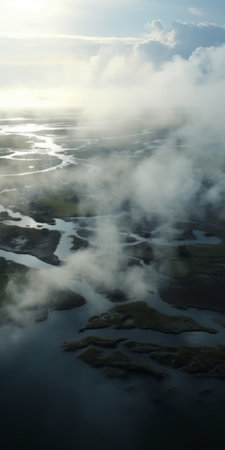 a stunning aerial view of a vast body of water enveloped by clouds, captured in the artistic style of vray. the soft and atmospheric lighting adds a touch of mystery to this prehistoricore-inspired scene. reminiscent of dutch landscapes, the high-resolution image showcases the burned and charred elements, creating a captivating visual experience. ai generatedの素材