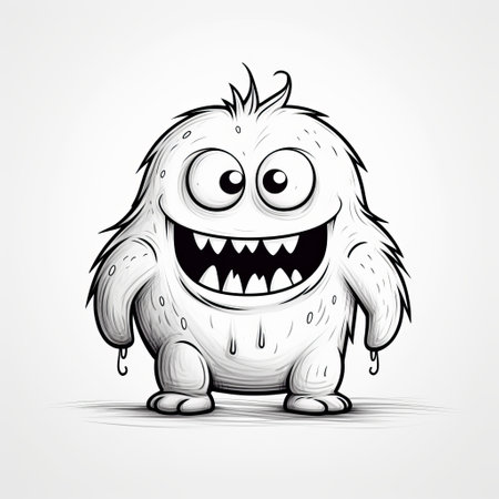 a cartoon monster with large monster teeth is depicted in this isolated white drawing. the style of the drawing is reminiscent of soggy, monochromatic white figures with clean and sharp inking. created by martin rak, this charming character emphasizes emotion over realism, similar to the work of skottie young. ai generatedの素材