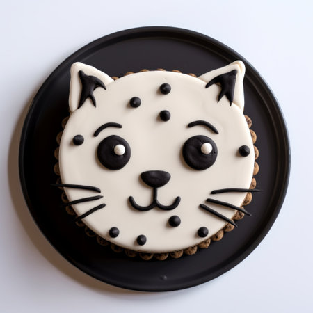 a black cat sugar cake, inspired by the krispy kitty kat image, showcases a unique blend of dark brown and white colors. the emotive facial expressions and dotted details add depth to the artwork, reminiscent of the style of julian opie. captured at iso 200, this piece by chuah thean teng makes symbolic use of animals. ai generatedの素材