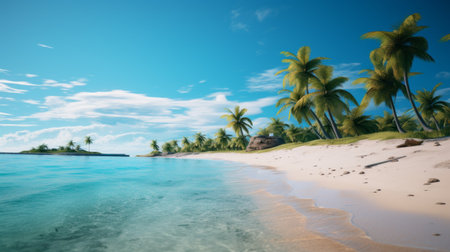 a stunning tropical beach scene with a vibrant blue sky reflecting on the water. this photo showcases the beauty of nature with its unreal engine 5 style, vray tracing, and subtle gradients. the contrasting colors of dark white and turquoise create a visually captivating image. the villagecore atmosphere and texture-rich details add to the overall charm of this breathtaking view. ai generatedの素材