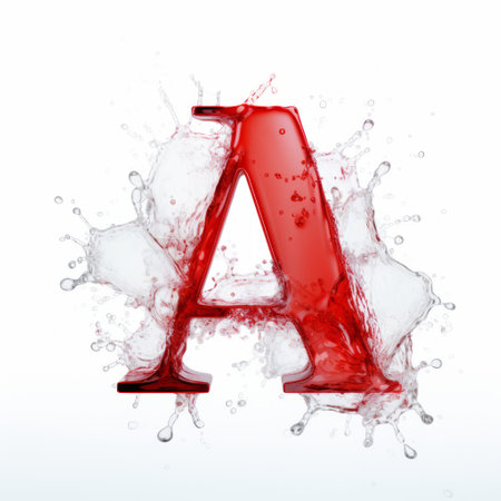 the water-formed letter "a" splashes dynamically against an orange backdrop, resembling shades of red and crimson. created using unreal engine, the image showcases layered translucency, evoking a poignant atmosphere reminiscent of the dusseldorf school of photography. with a white background, this artwork combines a humorous tone with its unique visual style. ai generatedの素材